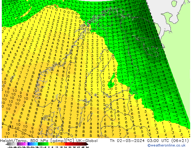 Height/Temp. 850 hPa UK-Global czw. 02.05.2024 03 UTC