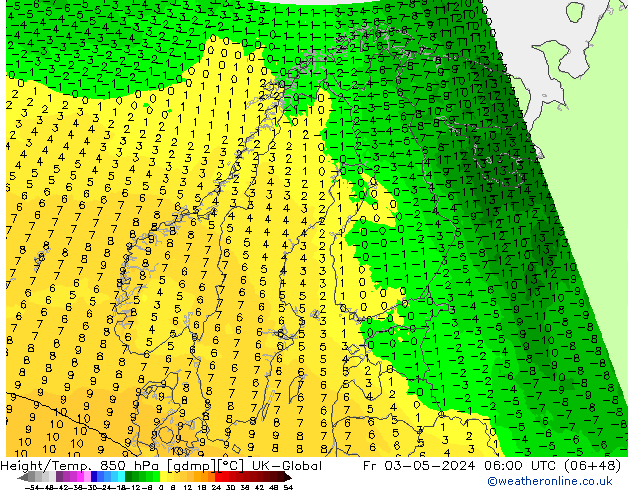 Height/Temp. 850 гПа UK-Global пт 03.05.2024 06 UTC