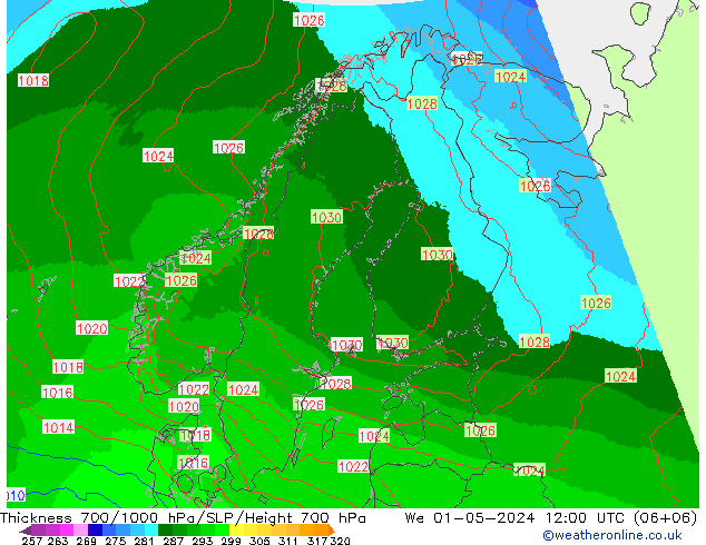 Schichtdicke 700-1000 hPa UK-Global Mi 01.05.2024 12 UTC