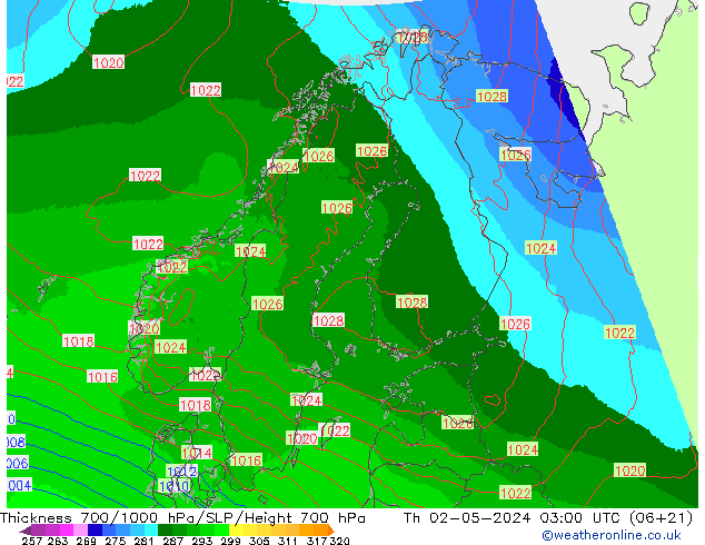 Thck 700-1000 hPa UK-Global czw. 02.05.2024 03 UTC