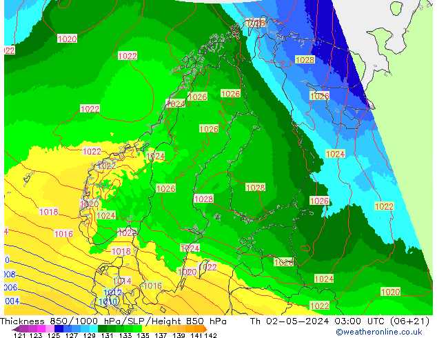 Thck 850-1000 hPa UK-Global czw. 02.05.2024 03 UTC