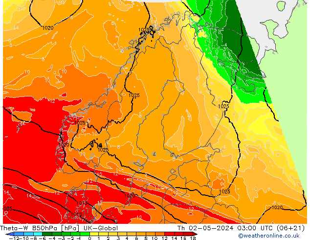 Theta-W 850hPa UK-Global czw. 02.05.2024 03 UTC