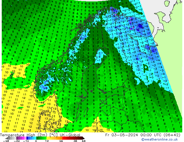 Nejvyšší teplota (2m) UK-Global Pá 03.05.2024 00 UTC