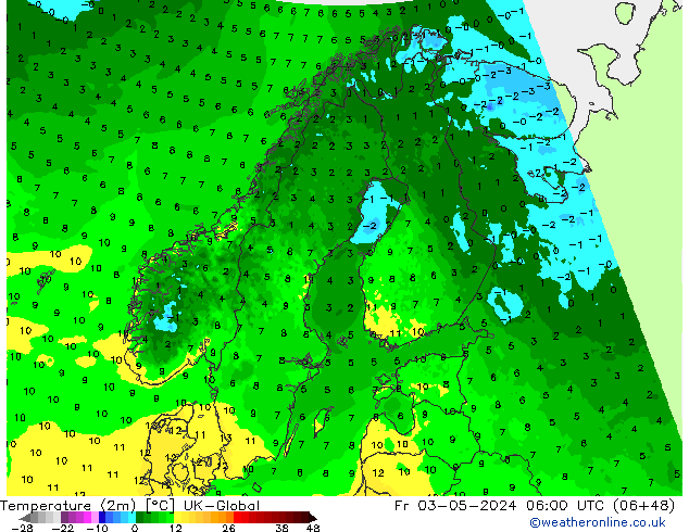 Temperaturkarte (2m) UK-Global Fr 03.05.2024 06 UTC