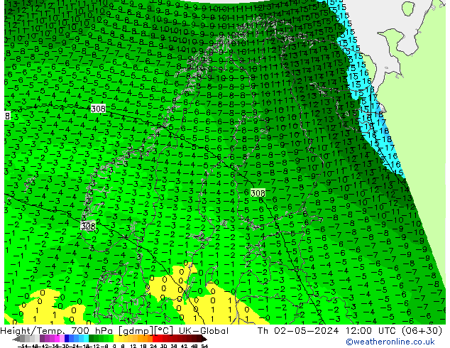 Hoogte/Temp. 700 hPa UK-Global do 02.05.2024 12 UTC