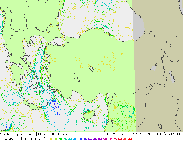 Isotachs (kph) UK-Global Th 02.05.2024 06 UTC