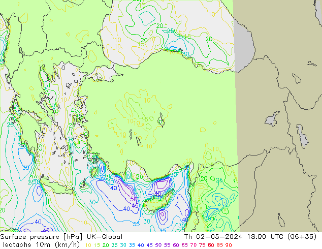 Isotachs (kph) UK-Global Qui 02.05.2024 18 UTC