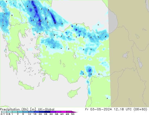 Totale neerslag (6h) UK-Global vr 03.05.2024 18 UTC