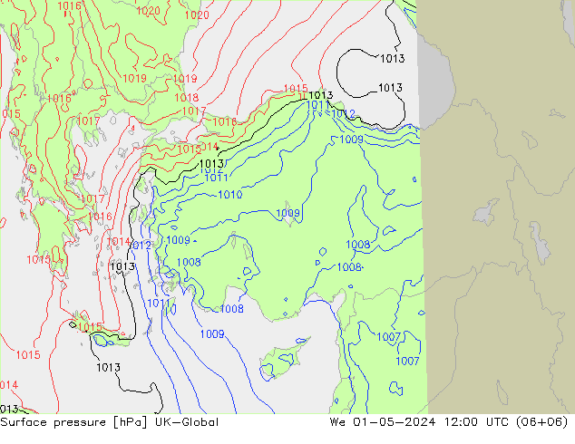 Pressione al suolo UK-Global mer 01.05.2024 12 UTC