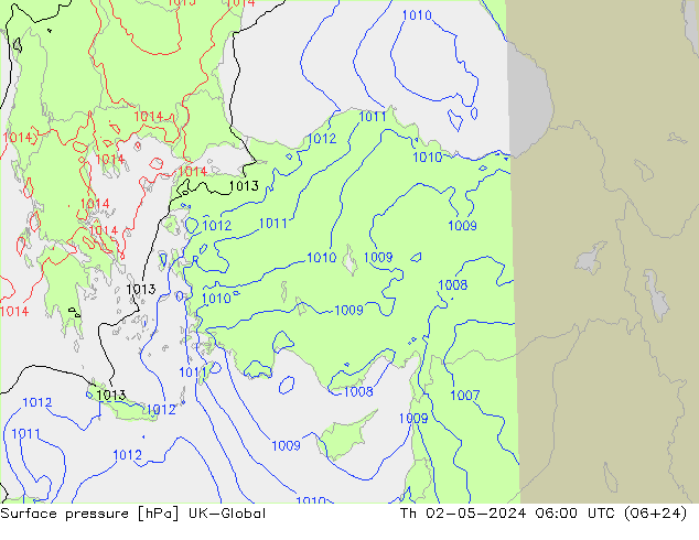 Pressione al suolo UK-Global gio 02.05.2024 06 UTC