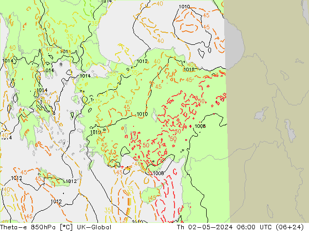 Theta-e 850hPa UK-Global Th 02.05.2024 06 UTC