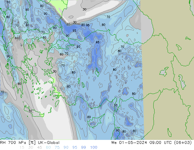 Humedad rel. 700hPa UK-Global mié 01.05.2024 09 UTC