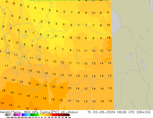 Height/Temp. 850 hPa UK-Global  02.05.2024 06 UTC