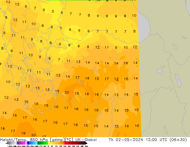 Height/Temp. 850 hPa UK-Global Th 02.05.2024 12 UTC