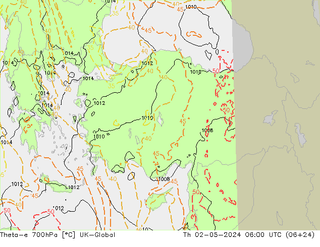 Theta-e 700hPa UK-Global Čt 02.05.2024 06 UTC