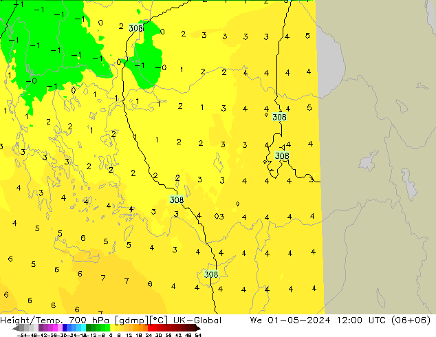 Height/Temp. 700 hPa UK-Global We 01.05.2024 12 UTC