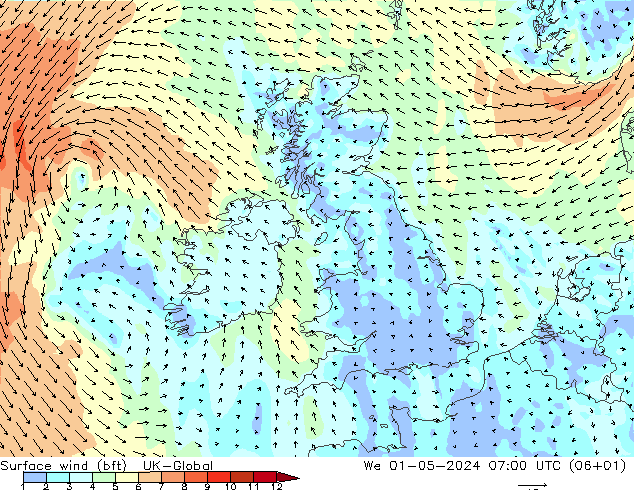Vento 10 m (bft) UK-Global mer 01.05.2024 07 UTC