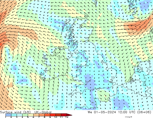 Surface wind (bft) UK-Global St 01.05.2024 12 UTC