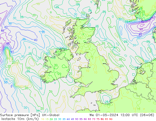 Isotachs (kph) UK-Global St 01.05.2024 12 UTC