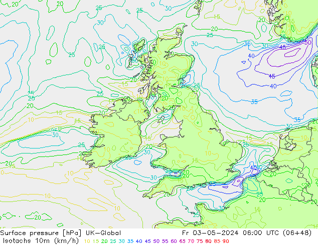 Isotachs (kph) UK-Global ven 03.05.2024 06 UTC