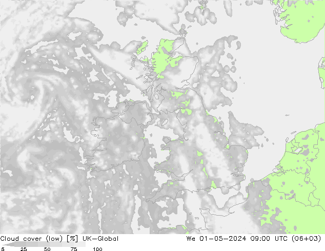 Cloud cover (low) UK-Global We 01.05.2024 09 UTC