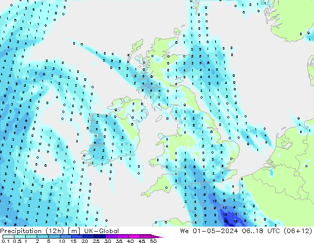 Precipitation (12h) UK-Global St 01.05.2024 18 UTC