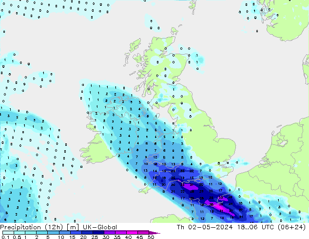 Precipitation (12h) UK-Global Th 02.05.2024 06 UTC