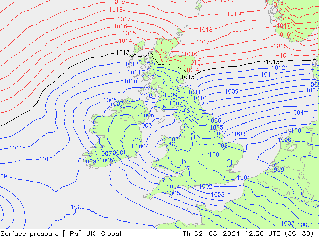 Presión superficial UK-Global jue 02.05.2024 12 UTC