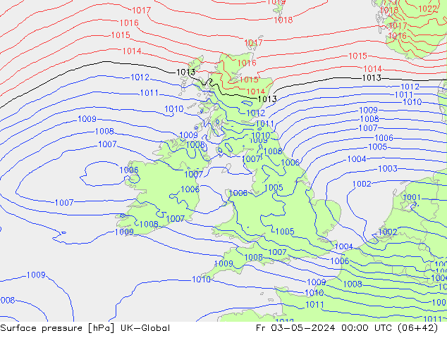 Presión superficial UK-Global vie 03.05.2024 00 UTC