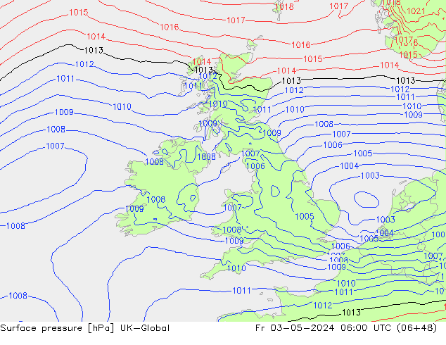 Pressione al suolo UK-Global ven 03.05.2024 06 UTC