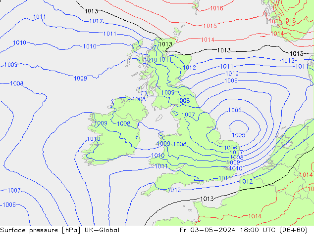 Pressione al suolo UK-Global ven 03.05.2024 18 UTC