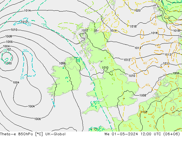 Theta-e 850hPa UK-Global St 01.05.2024 12 UTC