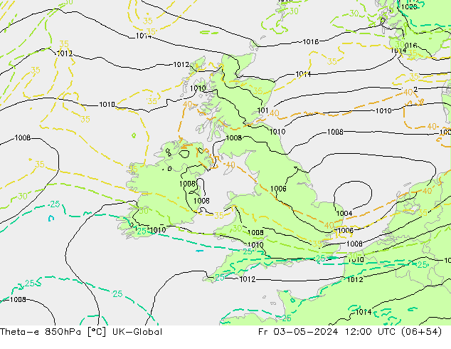 Theta-e 850hPa UK-Global Fr 03.05.2024 12 UTC