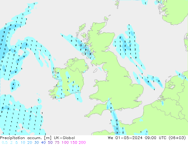 Precipitation accum. UK-Global We 01.05.2024 09 UTC