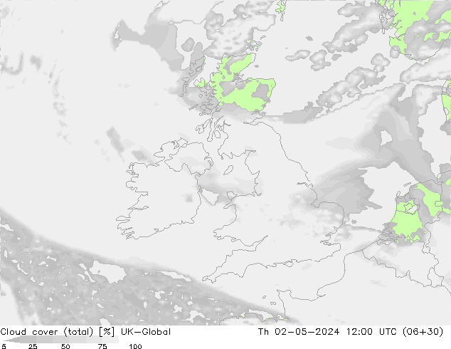 Bewolking (Totaal) UK-Global do 02.05.2024 12 UTC