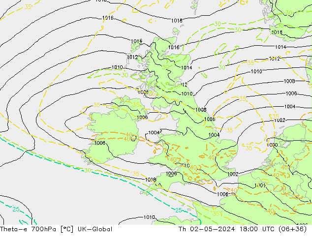 Theta-e 700hPa UK-Global Th 02.05.2024 18 UTC