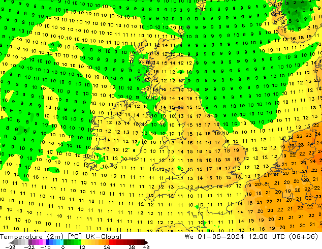 Temperature (2m) UK-Global St 01.05.2024 12 UTC