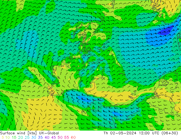 Viento 10 m UK-Global jue 02.05.2024 12 UTC