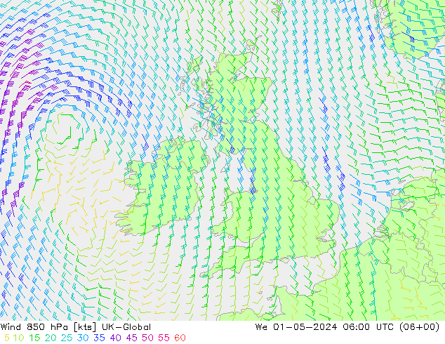 Wind 850 hPa UK-Global St 01.05.2024 06 UTC