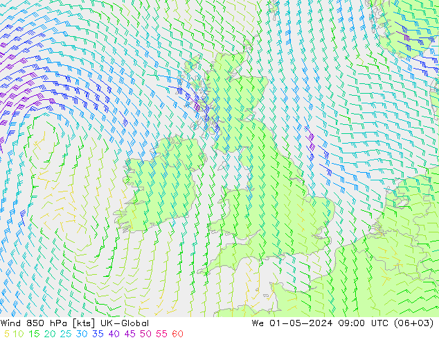 Vent 850 hPa UK-Global mer 01.05.2024 09 UTC