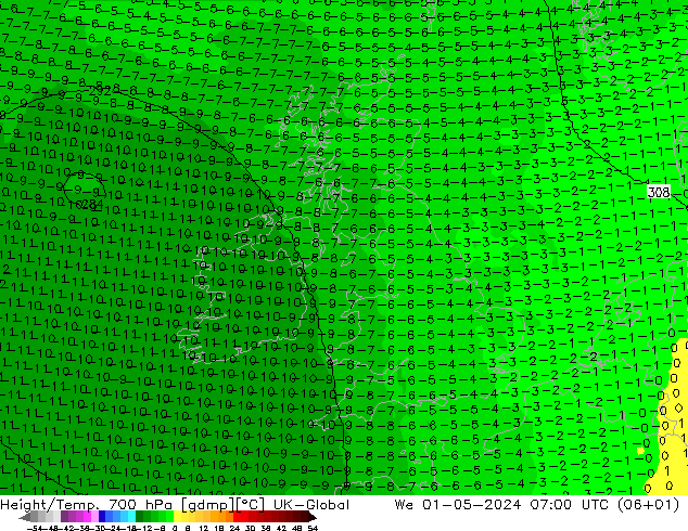 Height/Temp. 700 hPa UK-Global  01.05.2024 07 UTC