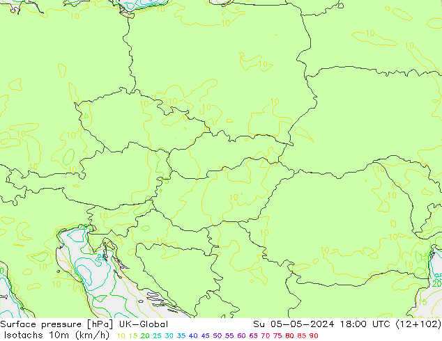 Isotachs (kph) UK-Global  05.05.2024 18 UTC