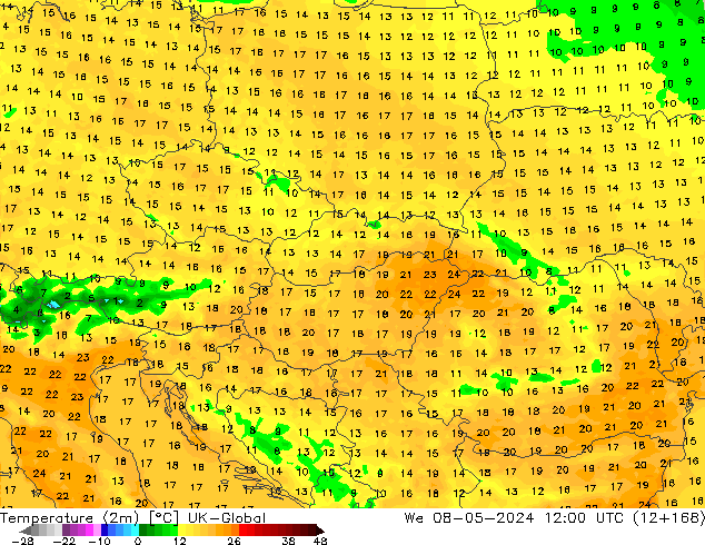 température (2m) UK-Global mer 08.05.2024 12 UTC