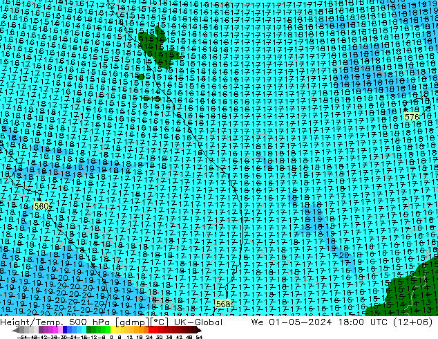 Height/Temp. 500 hPa UK-Global St 01.05.2024 18 UTC