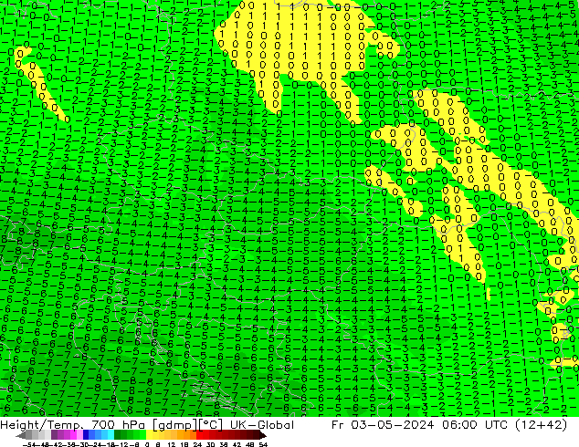 Geop./Temp. 700 hPa UK-Global vie 03.05.2024 06 UTC