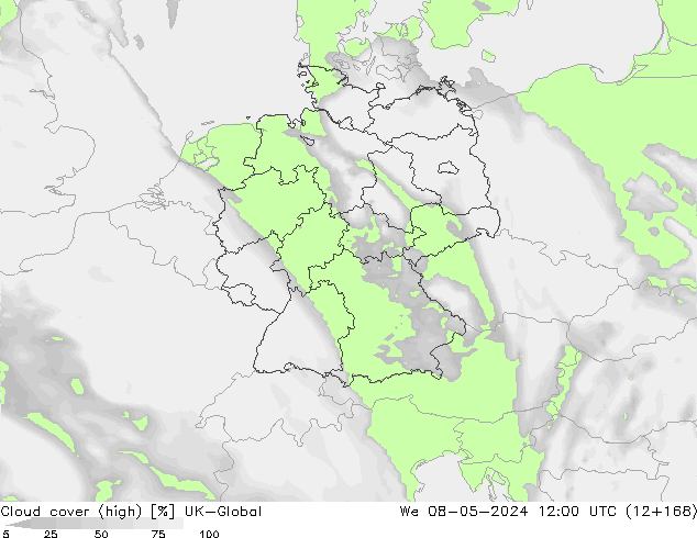 Cloud cover (high) UK-Global We 08.05.2024 12 UTC