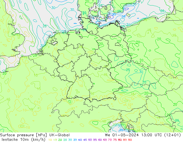 Izotacha (km/godz) UK-Global śro. 01.05.2024 13 UTC