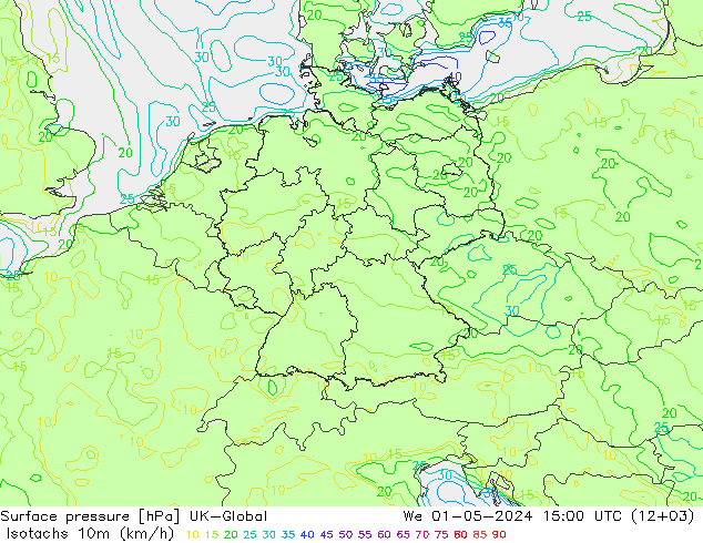 Isotachs (kph) UK-Global  01.05.2024 15 UTC