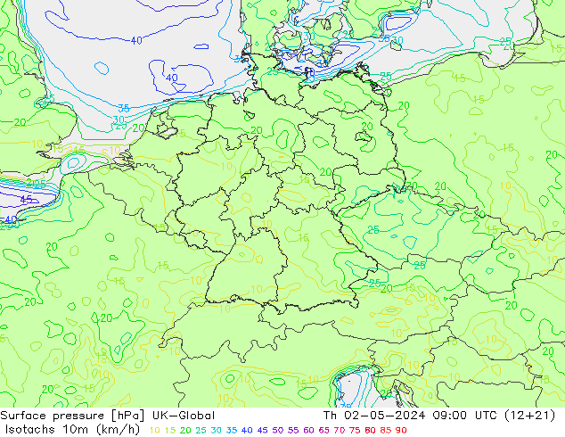 Isotachs (kph) UK-Global чт 02.05.2024 09 UTC