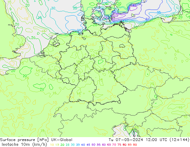 Isotachs (kph) UK-Global Tu 07.05.2024 12 UTC